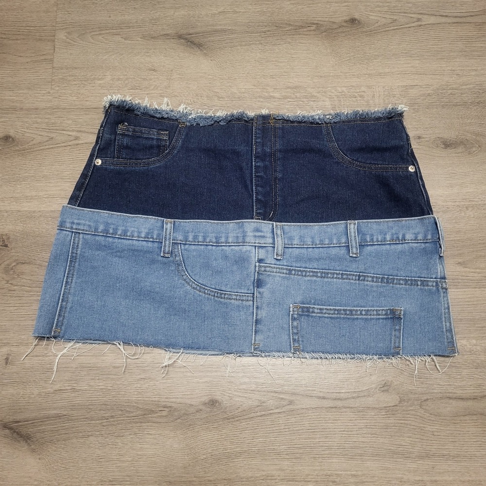 PrettyLittleThing Reconstructed Denim Mini Skirt Blue Two Tone Raw Hem Size 10